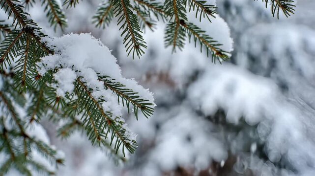 Close up of snow covered pine tree branches in winter forest.