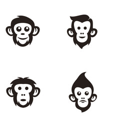 Fototapeta premium Set of Monkey Head Logos. Vector Illustration of Stylized Black and White Monkey Faces with Different Expressions for Branding and Design.