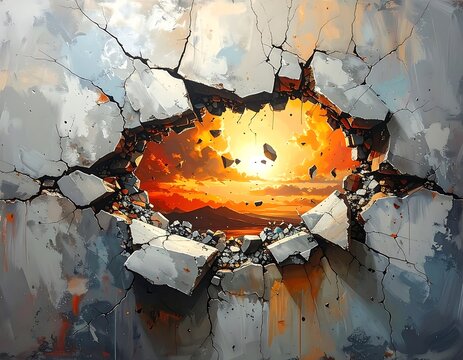 Cracked wall with orange explosion inside.