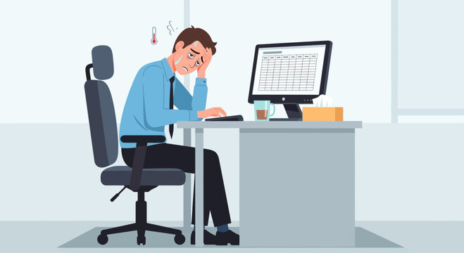 Business Employee Depressed And Ill At Work Desperately Trying To Work Through Sickness
