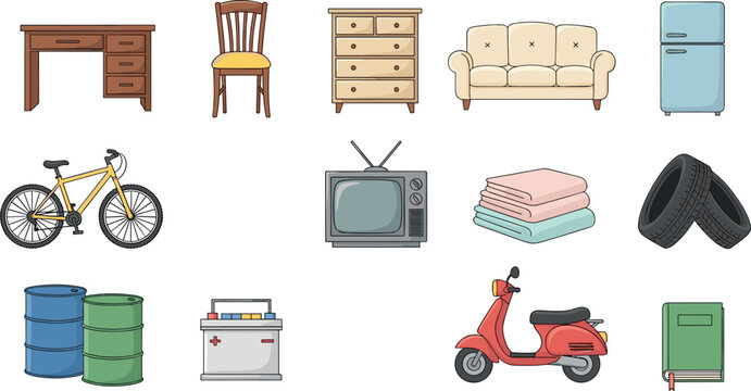 Household objects and everyday equipment vector collection featuring furniture electronics vehicle stationery and home utility items