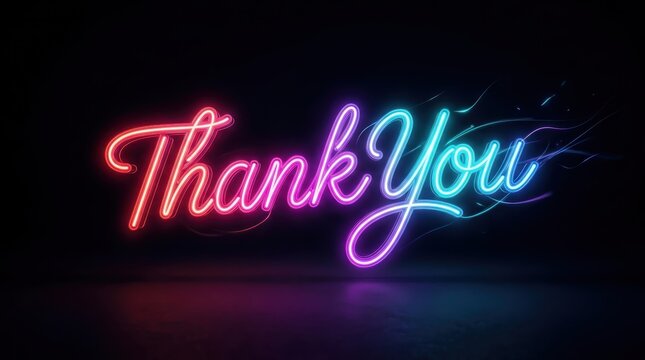 Thank you message in glowing neon script font with vibrant colorful gradient on a dark background.