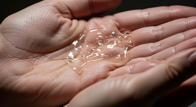 Close-up view of a person's cupped hands holding a translucent, clear, and lumpy gelatinous substance, possibly a hydrogel or slime.