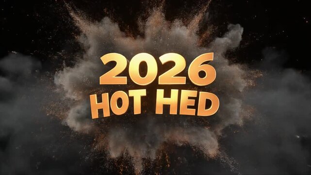 2026 HOT HED golden text animation, cinematic explosion with smoke and dust particles, bold 3D typography for movie trailers and events