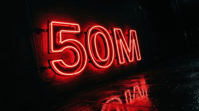 Red neon sign displaying 50M on a dark brick wall representing a fifty million milestone achievement.
