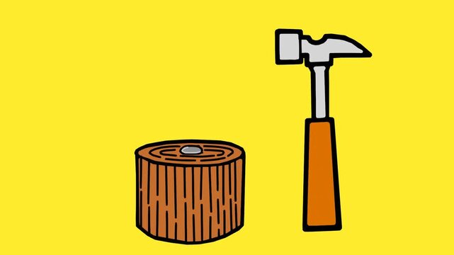 Cartoon Hammer Hitting a Metal Nail into a Wooden Stump Animation on Yellow Background for Construction Concept.