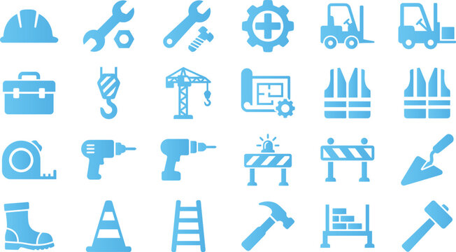 Set of blue construction and industrial safety equipment icons for building and manual labor.