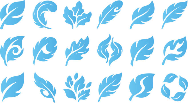 Collection of blue feather icons representing nature lightness grace and beauty.
