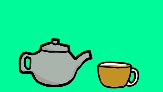 Cartoon Coffee Pot Pouring Fresh Hot Coffee into a White Cup on Green Screen Background.