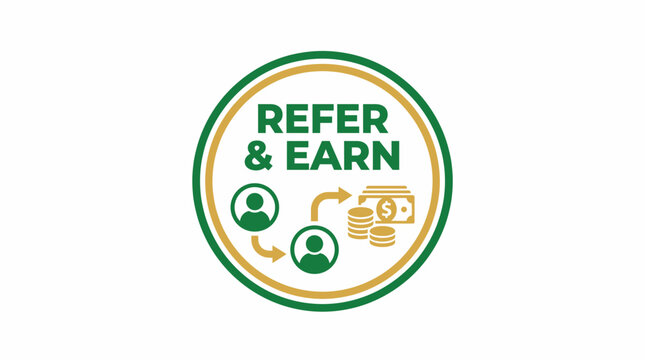 Earning rewards through referrals in a circular graphic icon with green and orange colors