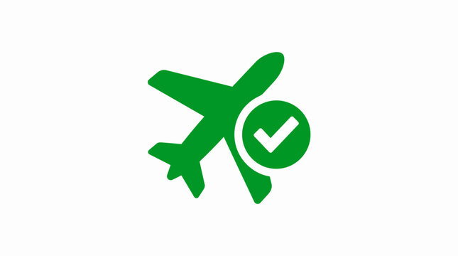 Airplane icon with green check mark symbol approved flight travel transportation concept on white background.