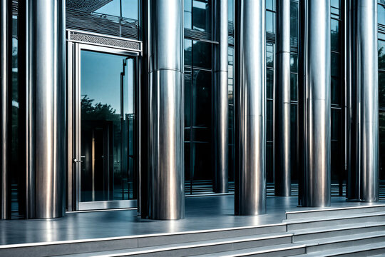 Modern architectural entrance with reflective glass doors and polished metal columns leading to sleek steps