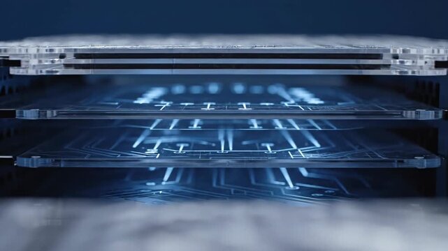 Futuristic Microchip Layers Illuminating With Blue Light