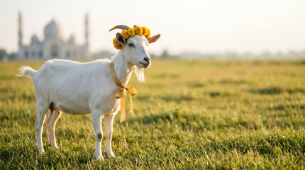 Obraz premium A beautiful white goat wearing a yellow flower crown and ribbon standing in a green meadow during golden hour. Symbolic Islamic Eid al Adha qurban celebration with soft sunlight and blurred mosque