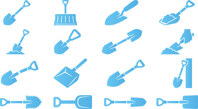 Collection of blue shovel and spade icons depicting different digging and gardening tools on white.