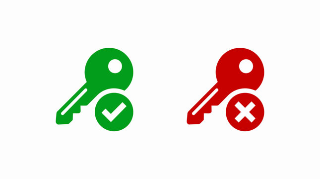 Key icon green check mark and red x mark symbol for access granted and denied on white background.