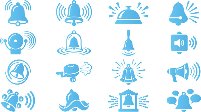 Collection of blue bell icons for sound, alarm, and notification symbols and alerts.