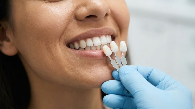 Close up of a dentist checking a woman's tooth shade for whitening or veneers in a dental clinic.