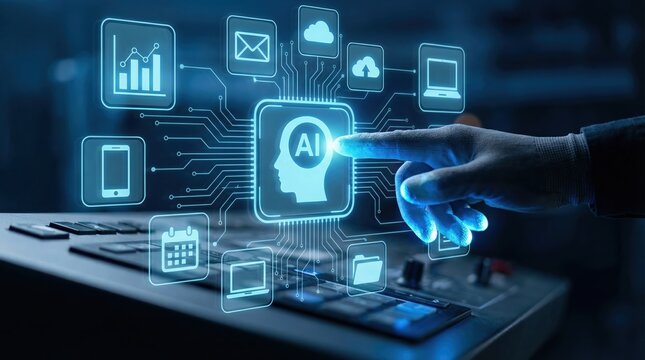 Businessman touching artificial intelligence interface with digital icons on virtual screen for automation and technology concept.