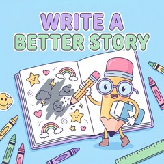 Obraz premium Child writing story in open notebook with creative doodles and colorful pencils