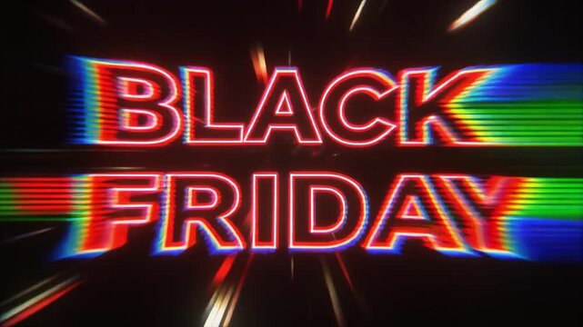 Black Friday neon text animation with glitch effect, retro synthwave style retail sale banner, glowing red typography for seasonal marketing