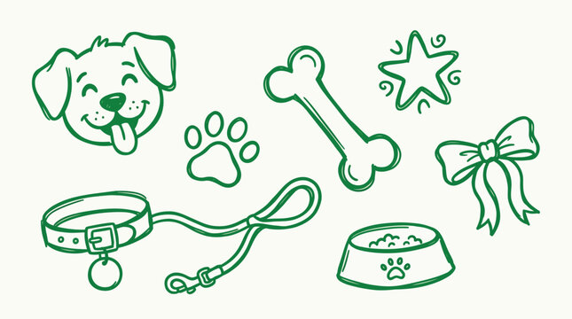 Cute hand-drawn green doodle set of dog accessories and happy puppy face illustration.