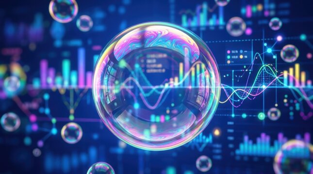 Abstract representation of an economic bubble with financial data charts and market analysis graphs.