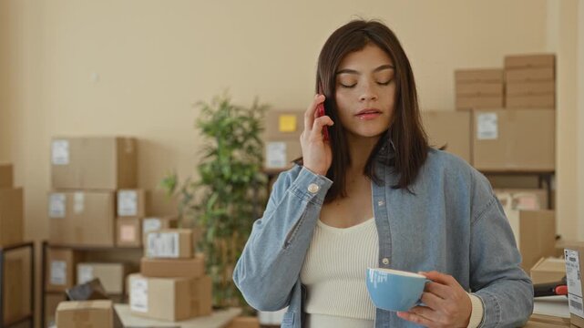 Woman holds smartphone to ear and holds blue coffee cup while checking parcels in a small business building; busy entrepreneurship.