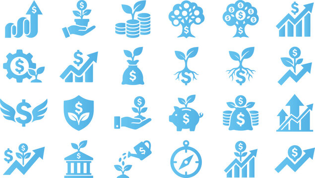 Money growth and investment icons set with plants coins and charts symbolizing financial success.