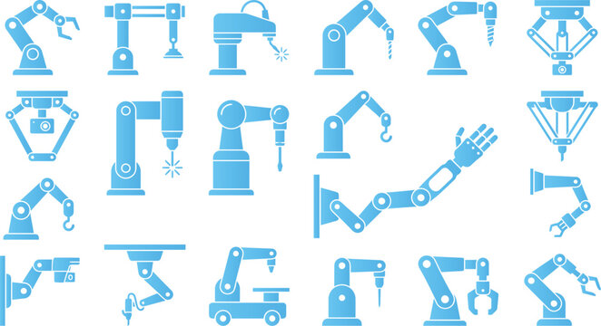 Industrial robot arm icons set in blue on white background, for manufacturing and automation.