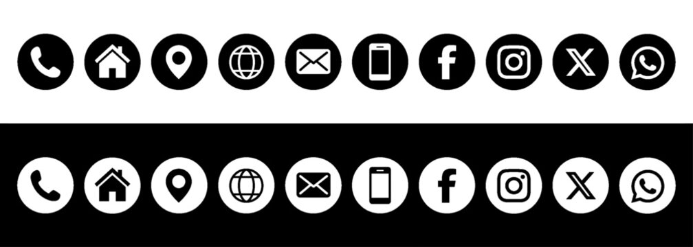 Black and white circle contact and social media icons set. Address, Phone,  Location, Website, Email, Facebook, Instagram, X, WhatsApp