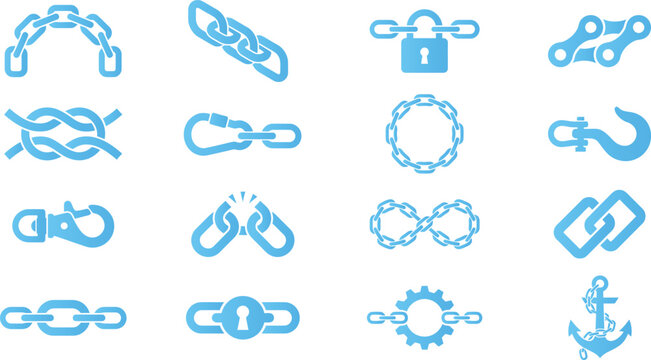 Chain link and connection icons set in blue on white, symbols for links, security, and strength.