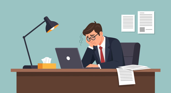 Business Professional Facing Work Stress At His Desk With A Laptop and Documents