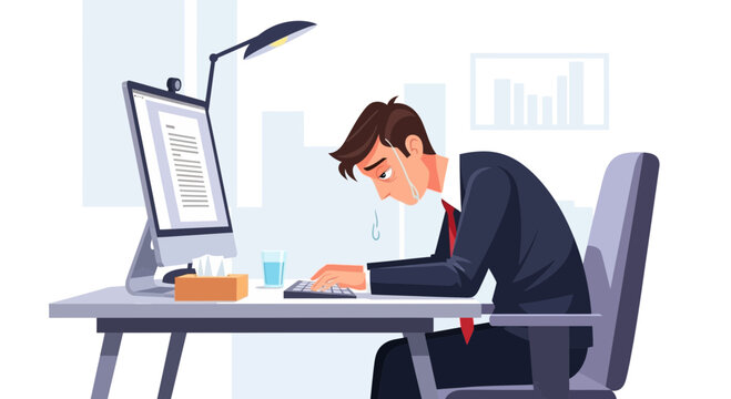 Business Employee Overwhelmed With Work, Exhaustion And Stress at Office Desk Problems