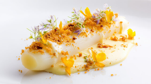 braised white asparagus with hollandaise espuma and chives