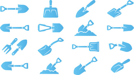 Variety of blue icons showcase different shovels and gardening tools for digging and soil work. © FahimBD