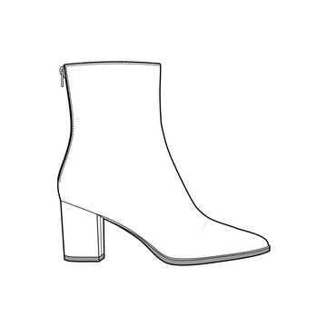 Block Heel Ankle Boots Technical Fashion Illustration. Women&rsquo;s Footwear Vector Template. Side View. Minimal Zip Boot Design. Mid Heel. Clean Silhouette. CAD Mockup Set.