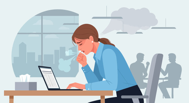 Businesswoman Coughing At Work, Illustration Depicting Illness And Workplace Health Issues Also.