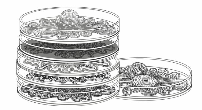 Black and white line drawing illustrating a stack of petri dishes with intricate microbial growth patterns, alongside a single separate dish.