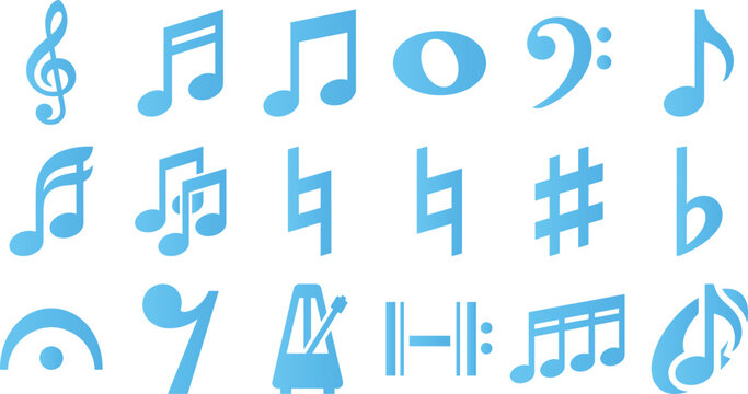 Music notes and symbols icons set graphic blue vector illustration isolated on white background.