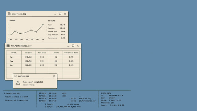 Retro computer desktop interface with data analytics windows and command prompt