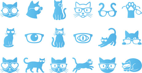 Blue cat icons with glasses and accessories showing stylish feline characters. © FahimBD