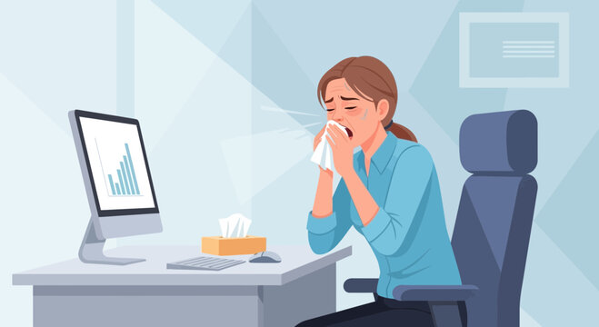 Businesswoman Sneezing at Her Office, Suffering From Seasonal Allergies or Cold