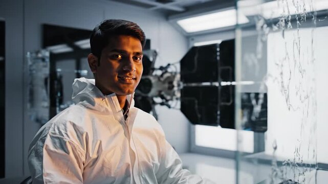 Indian Scientist Smiling in Modern Laboratory During Dynamic Glass Shattering Experiment