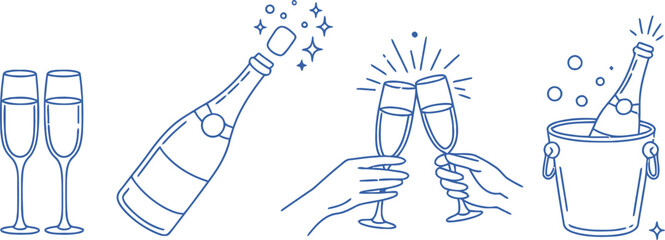 Champagne glasses and bottle line drawing on white background © Pro Smart Guide