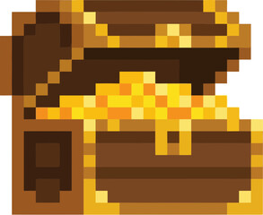 Pixel art treasure chest filled gold. © Hayyin Shalihah