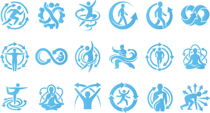 Compilation of blue human figure icons symbolizing movement energy and life cycles in various activities.