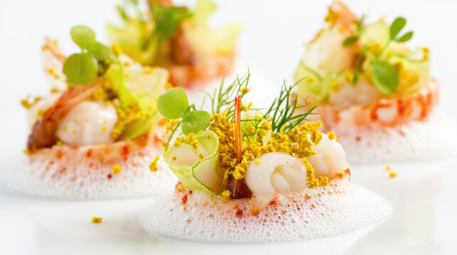 langoustine medallions with citrus foam on a elegant plate