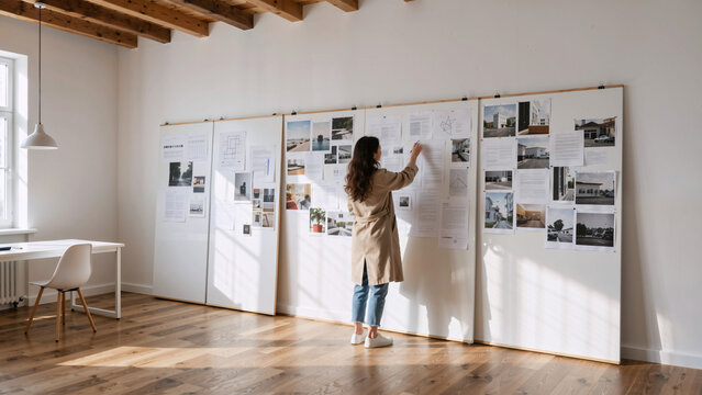 Woman pinning architectural images to a large board