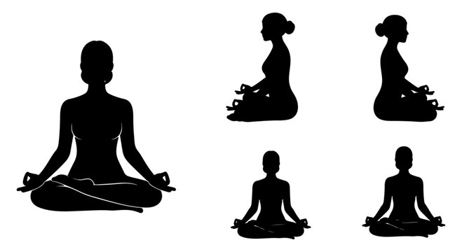Silhouettes of people meditating in yoga poses